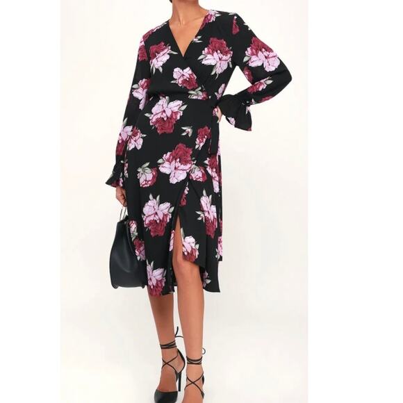 Lulus Dresses & Skirts - Lulus Romantic Blooms Black Floral Midi Wrap Dress Sz M Plunging Neck Black Pink